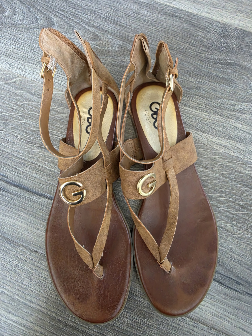 GUESS Tan Suede Thong Sandals with Gold G Accent